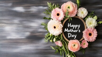 Pink and white flowers arranged around a round chalkboard sign saying happy mother's day creating a beautiful greeting card for mother's day celebrations