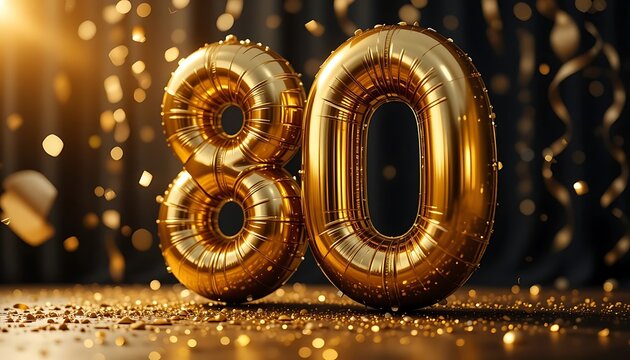 Golden 80th Birthday Balloons with Confetti