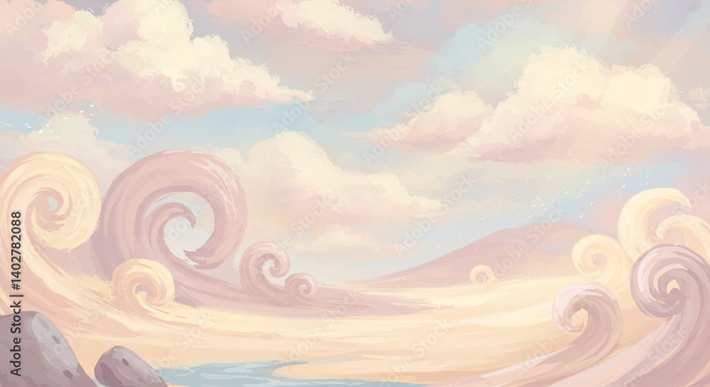 Poster a painting of a beach with a large wave in the foreground