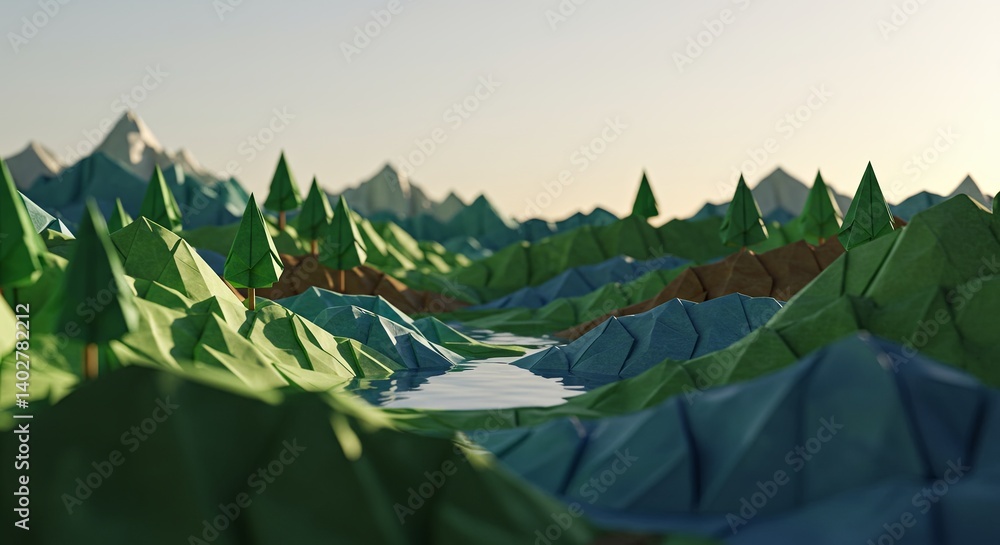 Poster A mountain range with a river running through it