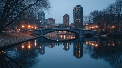 Winter park scene at twilight. A tranquil bridge spans a calm waterway, reflecting the city skyline and ambient lights.  Snowy parkland and bare trees surround the scene