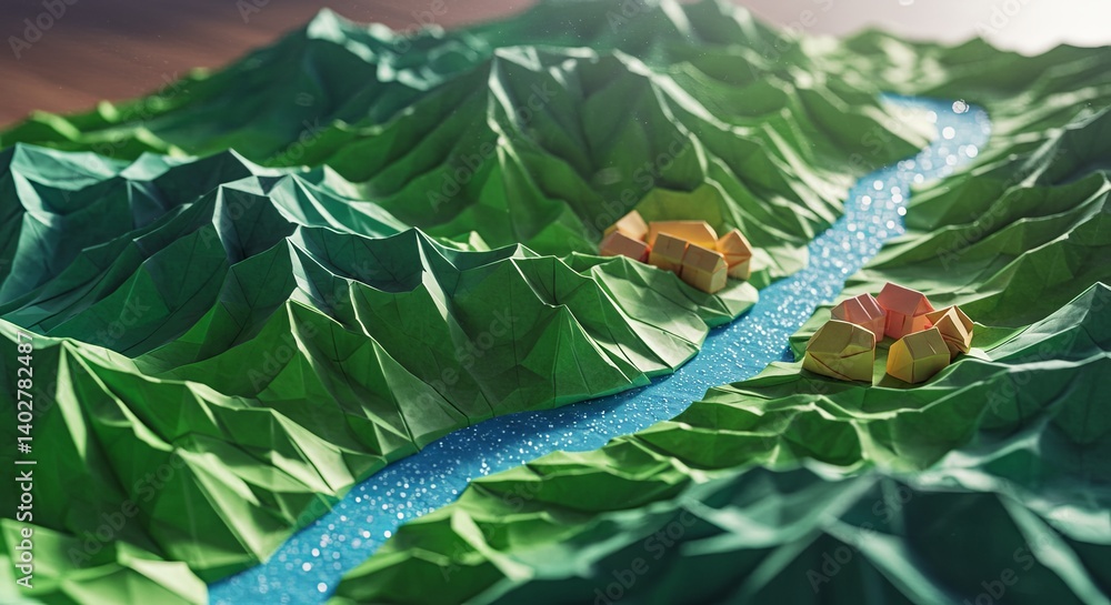 Poster A paper mountain range with a river running through it