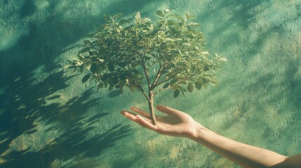Lush tree held gently in a protective hand over a bright green eco-friendly background