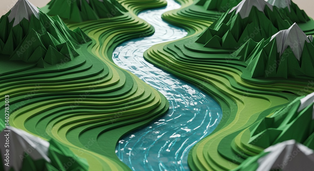 Poster A paper mountain range with a river running through it