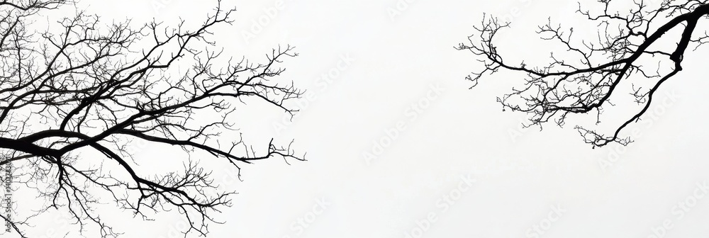 Aufkleber Silhouettes of tree branches extending against a white sky create a serene and minimalistic nature composition in a tranquil setting