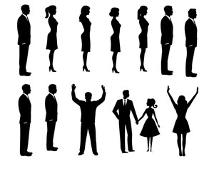 Silhouette Collection of Men and Women in Various Poses – Vector Icons Set.