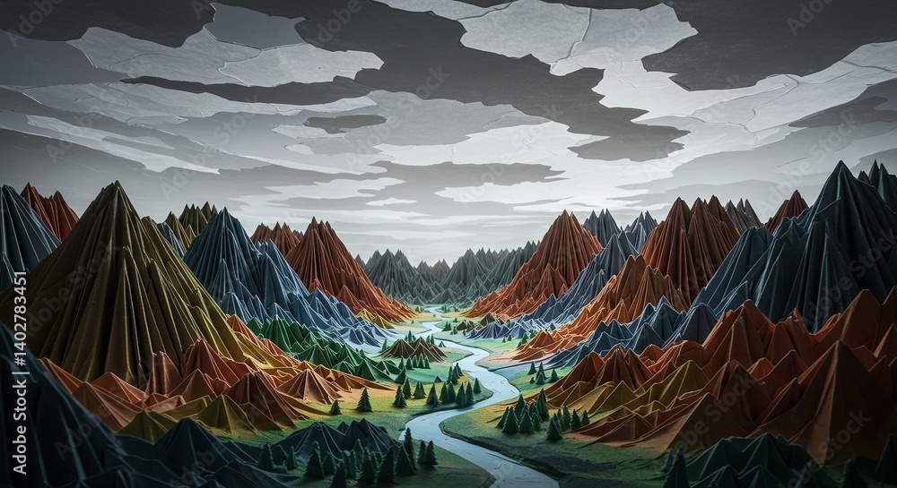 Poster A mountain range with a river running through it