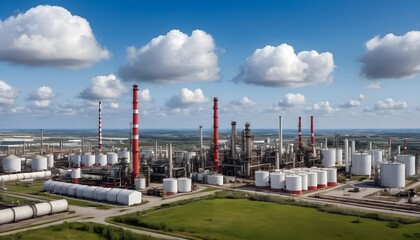 Obraz premium Aerial View of Modern Oil Refinery with Storage Tanks under Blue Sky