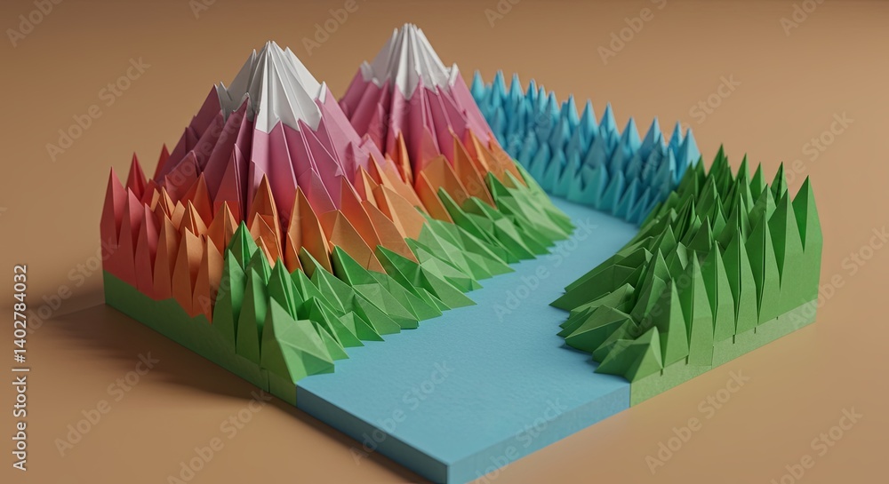 Poster a paper mountain range with a river in the middle