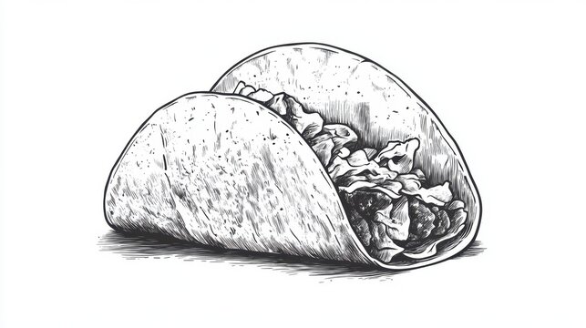 Retro sketch of taco with lettuce and meat in soft shell drawn in vintage hand-drawn black and white style