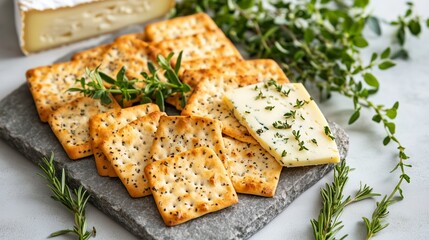 Platter of assorted crackers served with fresh herbs and cheese on a stone board in natural light