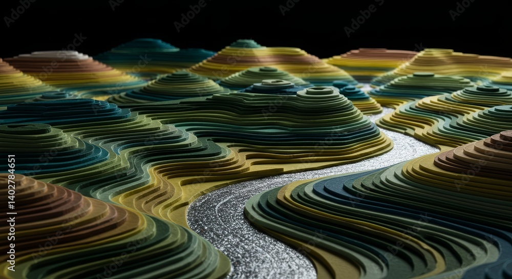 Aufkleber a model of a mountain range with a river running through it