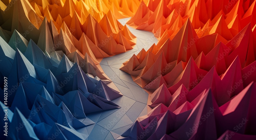 Poster A colorful mountain range with a river running through it