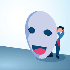 A man peeks behind a large face mask. A metaphorical illustration of lies, false faces and hypocrisy in business.