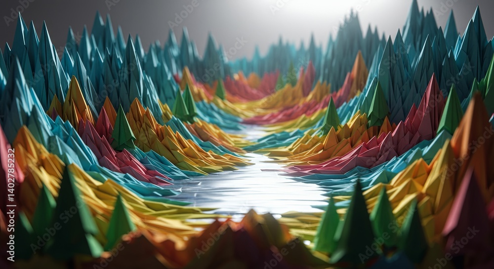 Poster A colorful mountain range with a river running through it