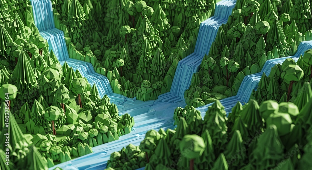 Poster A computer generated image of a forest with a waterfall