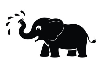 Baby Elephant Splashing Water with Trunk Silhouette