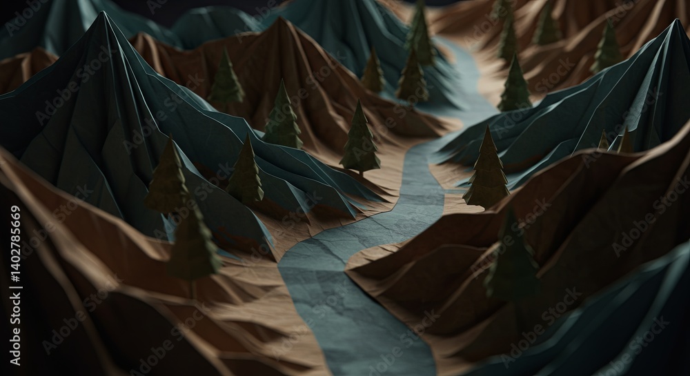 Poster A paper mountain range with a river running through it