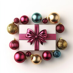 Festive gift box surrounded by colorful Christmas ornaments