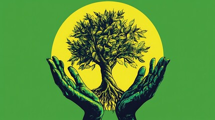 Earth preservation concept featuring hands holding a thriving tree on a bright green background