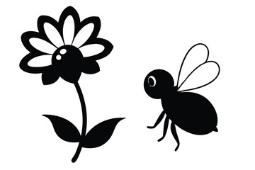 Bee Hovering Near Flower Silhouette Cartoon Vector
