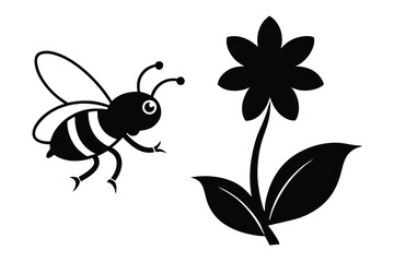 Bee Hovering Near Flower Silhouette Cartoon Vector