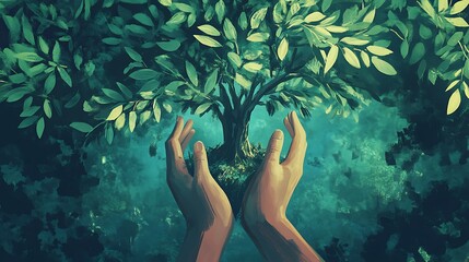 Conservation theme illustrated with human hands protecting a tree growing in a vibrant green atmosphere