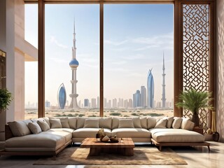Modern Living Room with City Skyline View