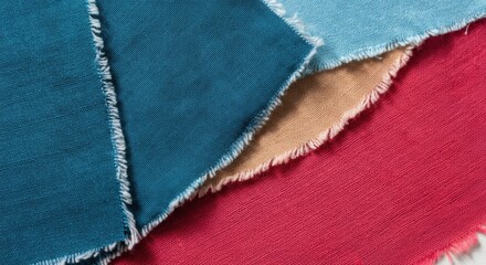 Colorful fabric swatches with frayed edges in blue, red, and beige textures