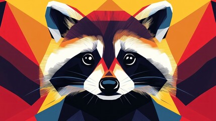 Geometric raccoon portrait with vibrant colors.