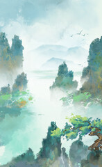 Hand drawn Chinese style ink landscape painting，Spring Landscape Painting