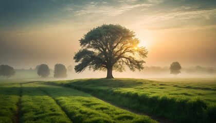 Fototapeta premium Solitary Tree in Misty Field at Sunrise