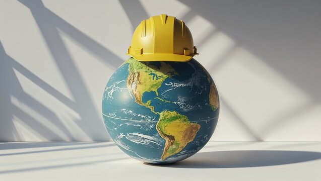 Simple globe with yellow hard hat on white surface, world safety concept