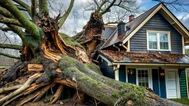 Large tree falls on a house causing extensive damage to the roof