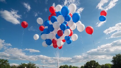 Patriotic red white and blue balloons floating against blue sky with clouds