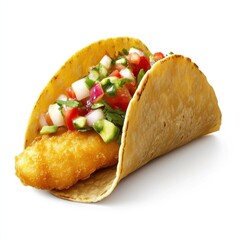 A golden crispy fried fish taco with a crunchy tortilla shell, tender fish inside, and a slight golden hue