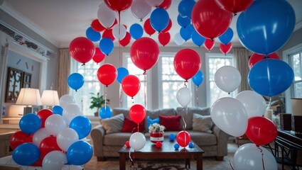 Festive red white and blue balloons indoors in cozy living room setting