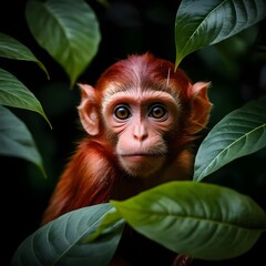 Fototapeta premium Curious Red-shanked Douc Langur Baby Hiding in the Jungle