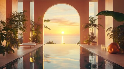 Sunset pool vista in a modern, peach-toned resort.