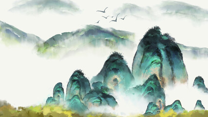 Hand drawn Chinese style ink landscape painting，Spring Landscape Painting