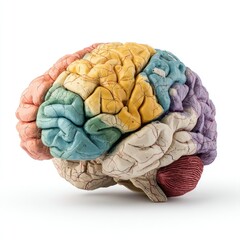 Colorful anatomical model of a human brain.  Detailed view of the cerebral cortex, highlighting different regions with various colors
