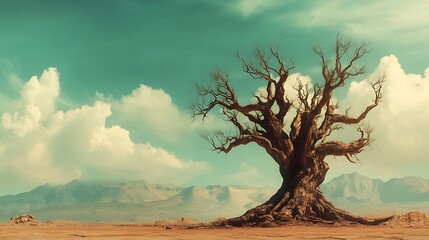 Majestic dried tree with gnarled branches rising from a desolate desert