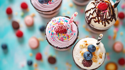 A top down view of a milkshake elegant composition with complementary desserts