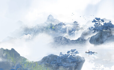 Hand drawn Chinese style ink landscape painting，Spring Landscape Painting