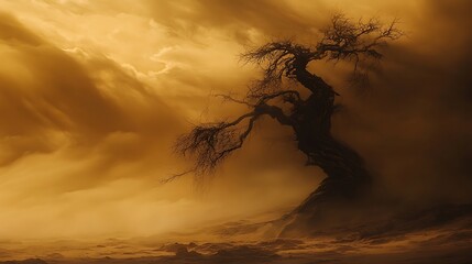 A gnarled lone tree enduring the dry winds of a relentless desert