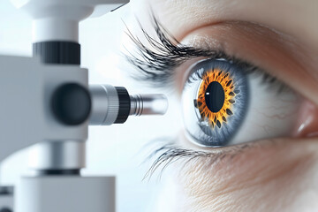 Ophthalmologist examining patient's eye with microscope in clinic