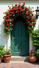 Fototapeta premium Floral Wreath Entrance with Potted Flowers and Greenery , florals, potted plants