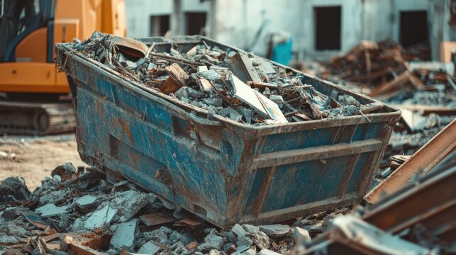 Shattered broken construction waste after building demolitionin a construction waste container A collection service is available to handle the disposal of these materials :.
