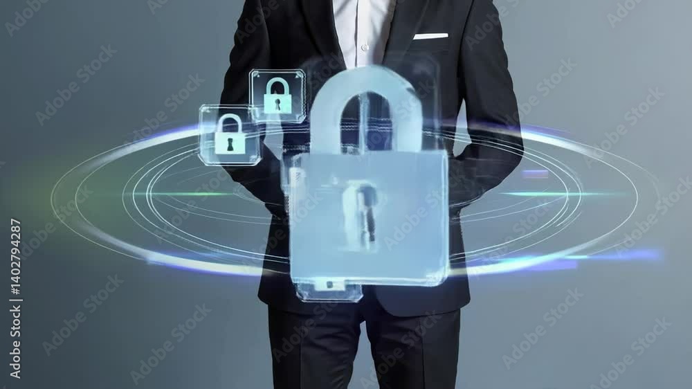 Poster cybersecurity concept illustrated by a businessman in a suit presenting various holographic lock ico