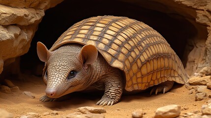 Fototapeta premium A close-up view of a fascinating armadillo nestled in a rocky cave.